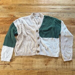 Francesca’s Blue Rain color block boxy cropped cardigan sweater women’s small